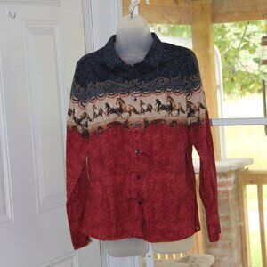Bit and Bridle Western Cotton Blend Shirt with Horses Women's Size Large